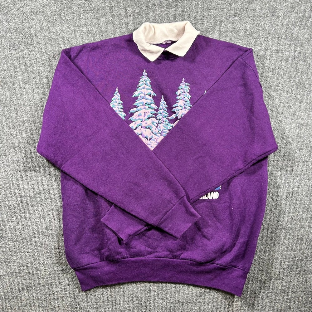 Unbranded Sweatshirt Womens XL Purple Collared Snowy Pine Tree Vintage Graphic